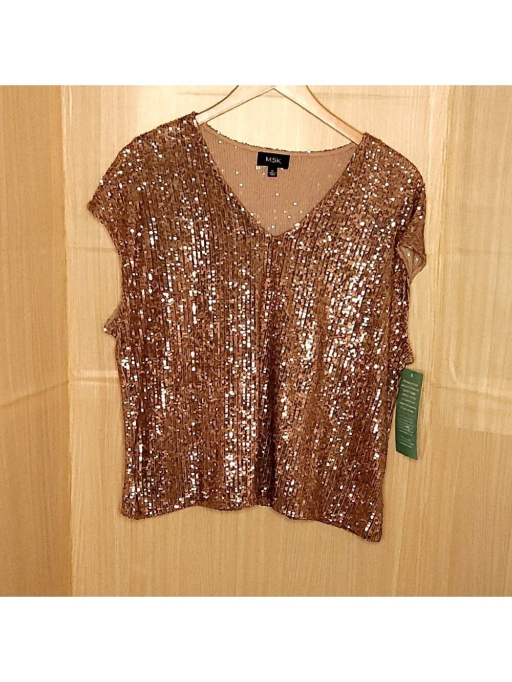 MSK Womens New Rose Gold Sequin Short Sleeve Stretchy Top XL